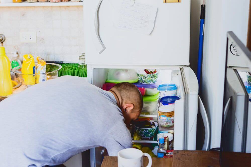 A person examining a refrigerator 